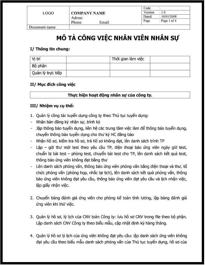 xây dựng bảng mô tả công việc